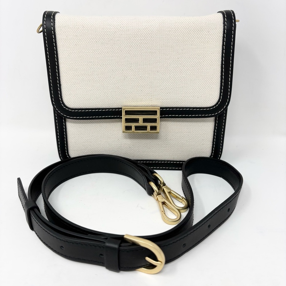 FRAME Le Signature Mini Bag Black Cream Canvas Leather Crossbody Brass Hardware - Picture 3 of 15